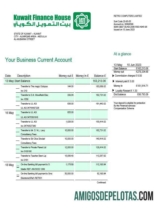 Realista Kuwait Finance House Bank Extrato de conta firme modelo Word e PDF
